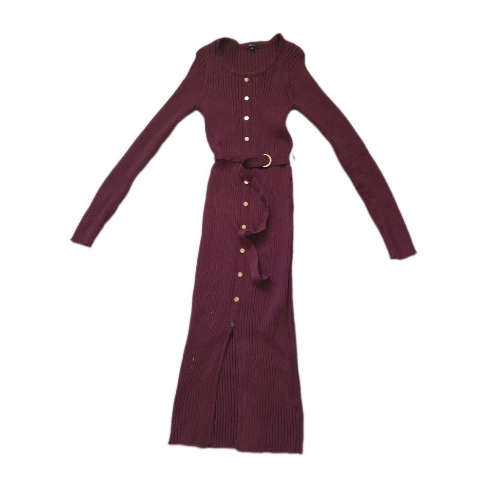 Blashe Burgundy Ribbed Knit Button Front Belted Maxi Sweater Dress Sz L EUC